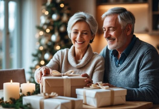 Professionelt billede af gaver til forældre, med fokus på gaver og gaveindpakning i varme farver.